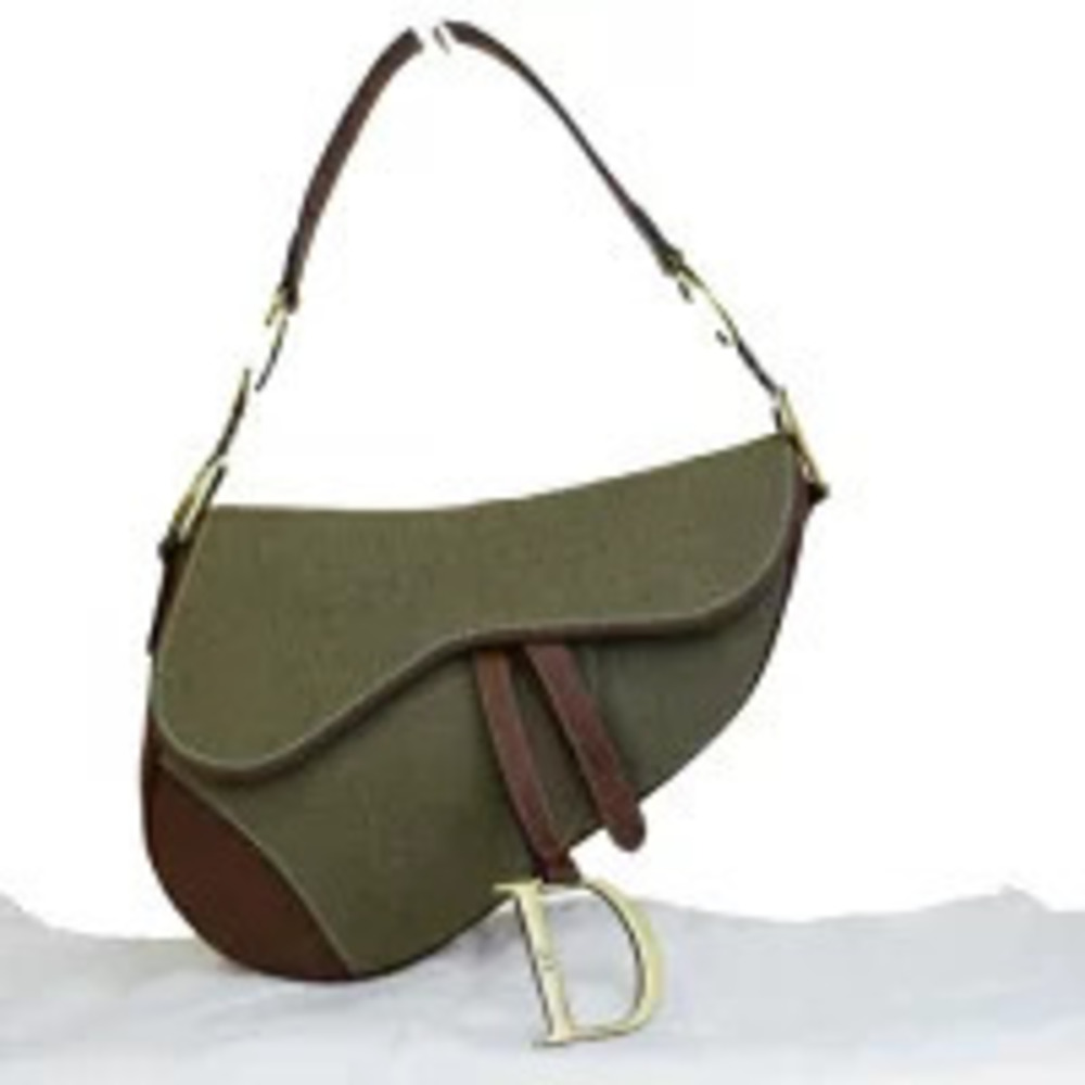 Christian Dior Saddle Bag Shoulder Khaki Green Brown Canvas Leather
